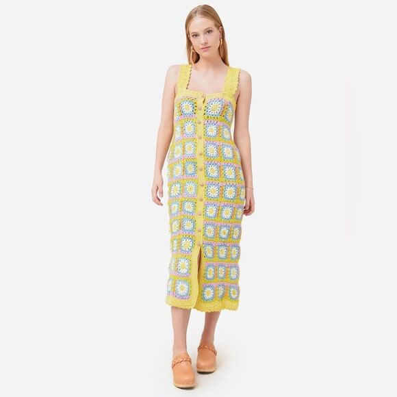 Alemais Petra Yellow Floral Quilt Crochet Midi Dress, Size 10 - Picture 1 of 14